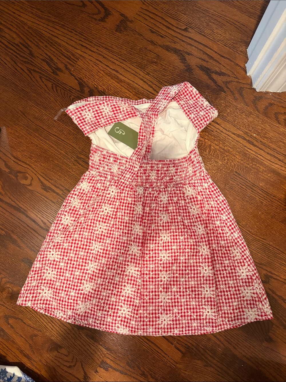 Red Checkered Strapless Dress with Floral Embroidery - Picture 2 of 3